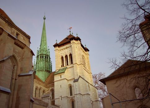 Side of protestant Saint-Pierre's cathedral by sunset in Geneva, Switzerland (HDR)