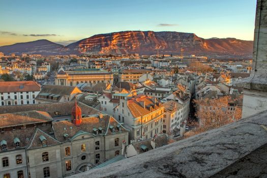 View on Geneva city and Saleva mountain by sunset from Saint-Pierre cathedral, Switzerland (HDR)
