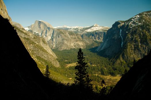 Rock formations in a valley, Half Dome, Yosemite Valley, Yosemite National Park, California, USA