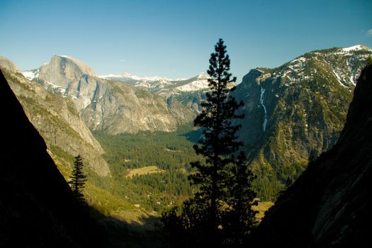 Rock formations in a valley, Half Dome, Yosemite Valley, Yosemite National Park, California, USA