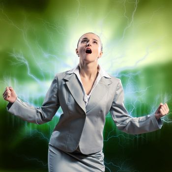 furious woman is straining arms and looking up, concept violent person