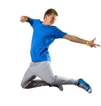 Young man dancer jumping isolated on white