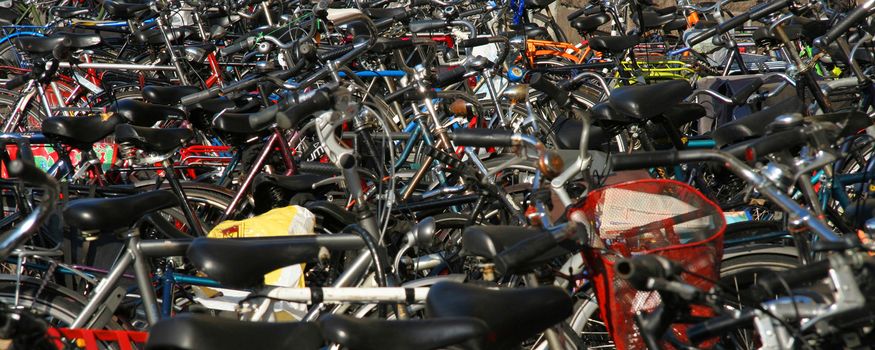 Hundreds of bikes parked on the sidewalk in Amsterdam.