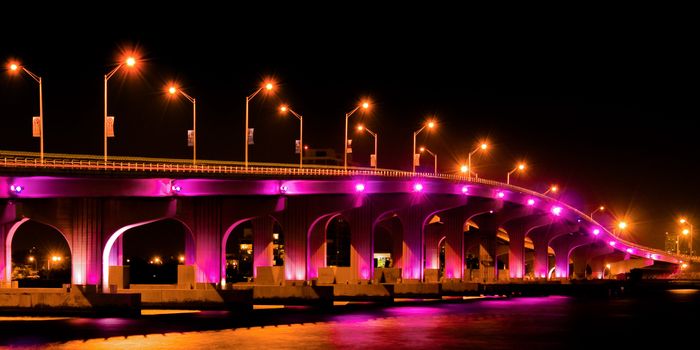 Bridge lit up at night, Miami, Miami-Dade County, Florida, USA