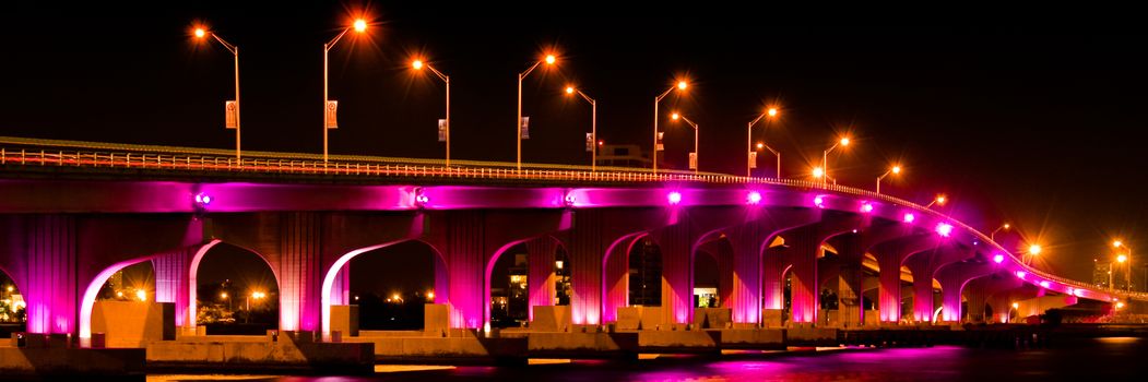 Bridge lit up at night, Miami, Miami-Dade County, Florida, USA