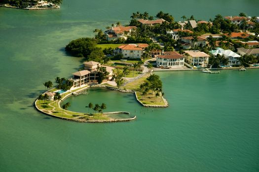 Aerial view of islands and generic real estate in the area of Miami, Florida.