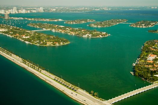 Aerial view of islands in the Atlantic Ocean, MacArthur Causeway, Miami, Miami-Dade County, Florida, USA