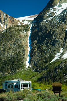 Scenic view of June Lake Loop landscape with home in foreground, Yosemite National Park, California, U.S.A.