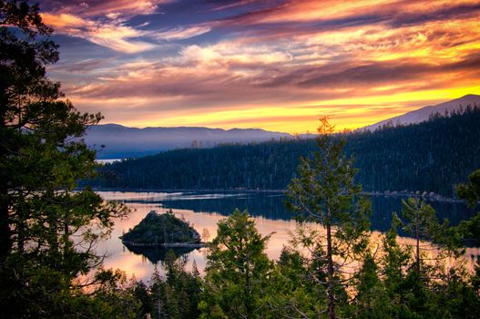 Island in a lake at dusk, Lake Tahoe, Sierra Nevada, California, USA