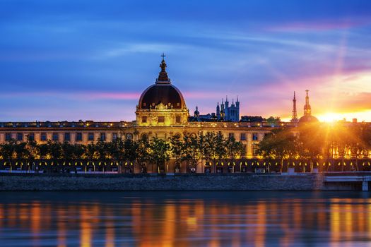 View of Lyon city at sunset with Rhone river