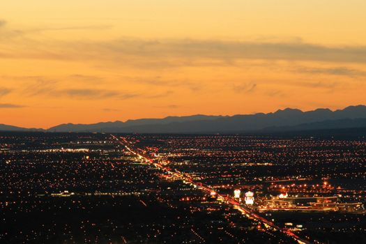 Aerial view of Las Vegas city illuminated at night, Nevada, U.S.A.