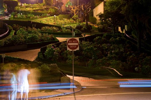 Lombard Street at night showing the car lights as they pass by, San Francisco, California, USA