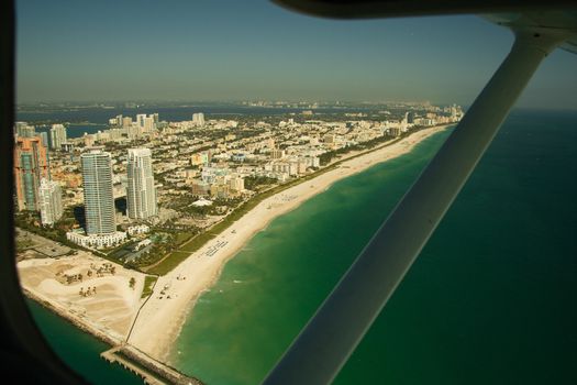Aerial view of Miami beach viewed from window of airplane, Florida, U.S.A.