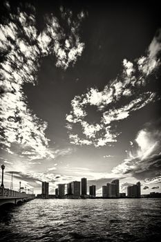 View of buildings, sea and skies from the Venetian Causeway in Miami