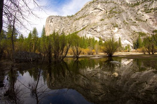 Reflection of a mountain range in a lake, Mirror Lake, Mt Watkins, Yosemite Valley, Yosemite National Park, California, USA