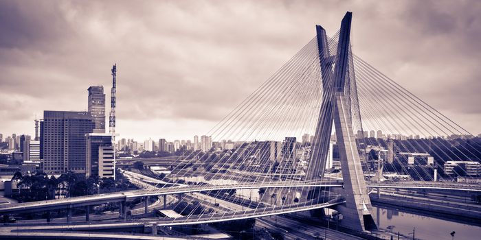 Most famous bridge in the city, Octavio Frias De Oliveira Bridge, Pinheiros River, Sao Paulo, Brazil