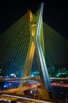 A night view of the Oct��vio Frias de Oliveira Bridge in Sao Paulo, Brazil.