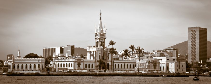 Panoramic view of old buildings on Fiscal Island, Rio de Janeiro, Brazil.