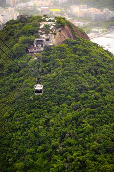 Overhead cable car approaching Sugarloaf Mountain, Rio De Janeiro, Brazil