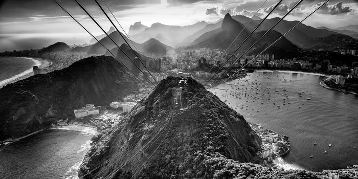 Overhead cable car approaching Sugarloaf Mountain, Rio De Janeiro, Brazil