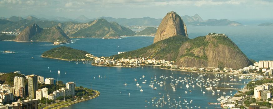 Rio de Janeiro and Bay of Guanabara with the sugar loaf mountain in the background.