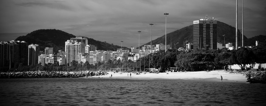 Landscape of Rio de Janeiro as seen from a boat on Baia de Guanabara, Brazil