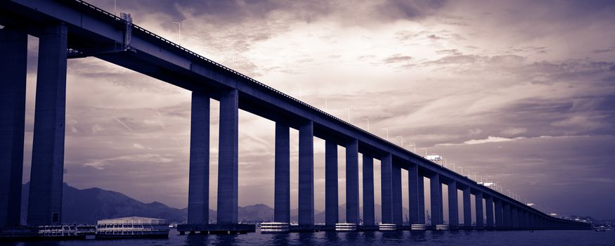 Panoramic view of bridge over Guanbara Bay between Rio de Janeiro and Niteroi, Brazil.