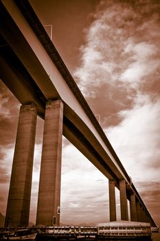 Sepia underside view of Rio de Janeiro to Niteroi bridge over Guanbara Bay, Brazil.