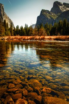 Scenic view of Merced river in Yosemite Valley, Mariposa, California.