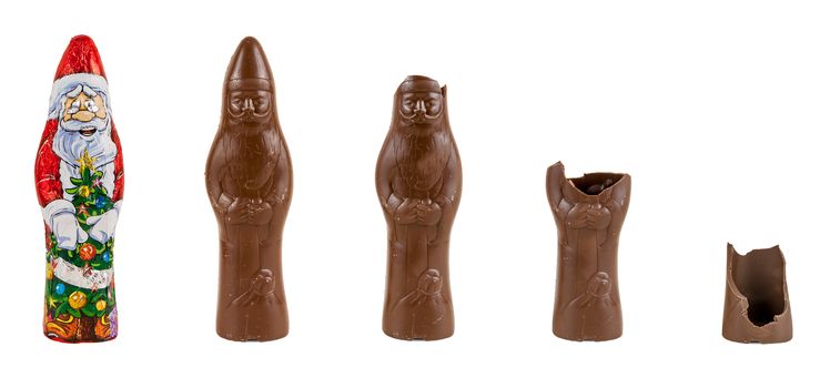 Chocolate figure of santa Claus is being eaten (5 steps isolated over white background with clipping path)