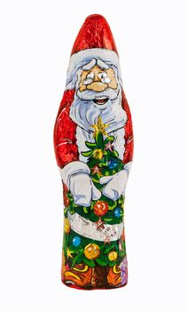 Wrapped chocolate figure of santa Claus isolated over white background with clipping path.