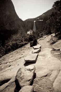 A trail lined with rocks in Yosemite National Park in California.