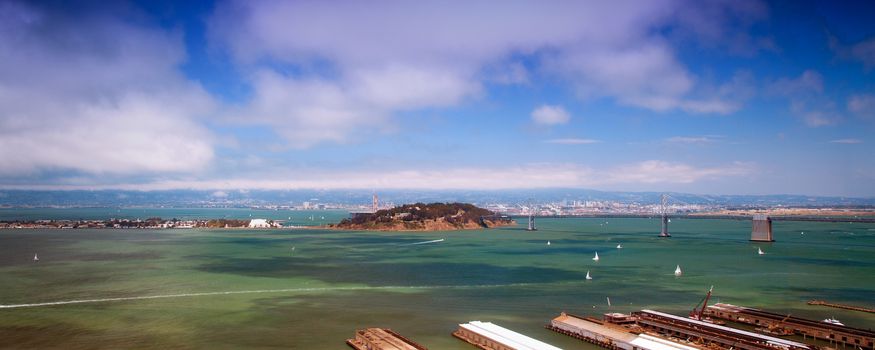 Panoramic view of Treasure Island in San Francisco Bay viewed from Coit Tower, California, U.S.A.