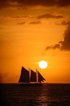 Silhouette of sailing ship in the Atlantic ocean, Key West, Monroe County, Florida, USA