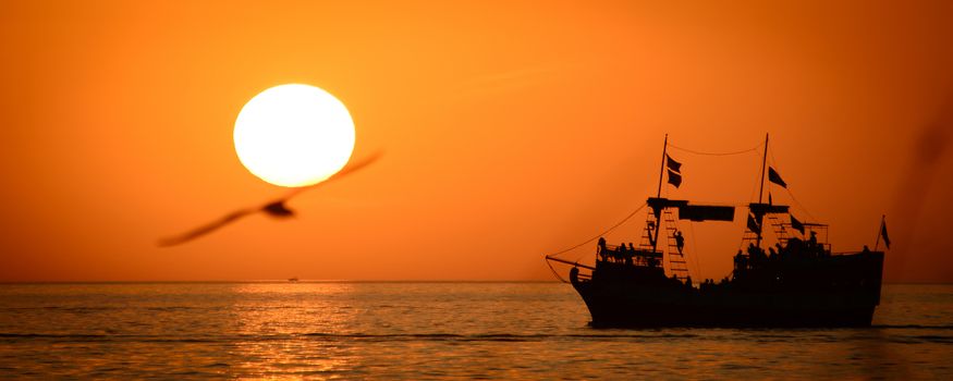 Silhouette of sailing ship in the Atlantic ocean, Key West, Monroe County, Florida, USA