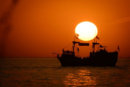 Silhouette of sailing ship in the Atlantic ocean, Key West, Monroe County, Florida, USA