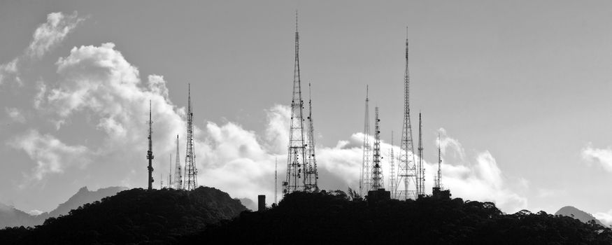 Silhouette of radio antennas on a mountain, Rio De Janeiro, Brazil