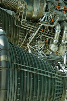 Closeup of powerful space rocket engine.