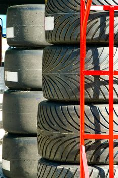 Close-up of stacks of racing car tires, Homestead, Miami, Miami-Dade County, Florida, USA
