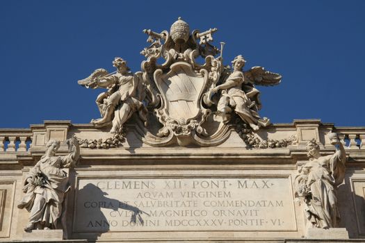 Low angle view of details of statues at the Fontana di Trevi  (Trevi Fountain), Rome, Lazio, Italy