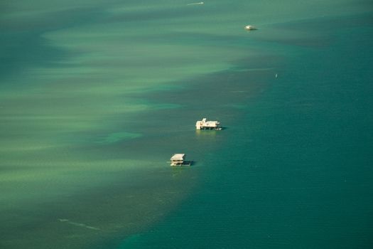 Aerial view of stilt houses in the Atlantic ocean, Stiltsville, Safety Valve, Biscayne Bay, Miami, Florida, USA