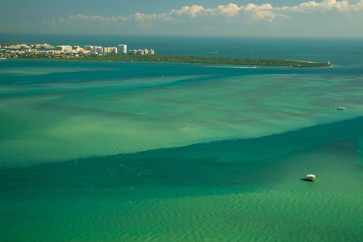 Aerial view of stilt house in the Atlantic ocean, Stiltsville, Safety Valve, Biscayne Bay, Miami, Florida, USA