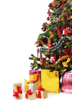 Part of Christmas tree with gifts isolated on ehite