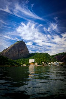 Scenic view of Sugar Loaf mountain viewed from Baia de Guanabara, Rio, de Janeiro, Brazil.