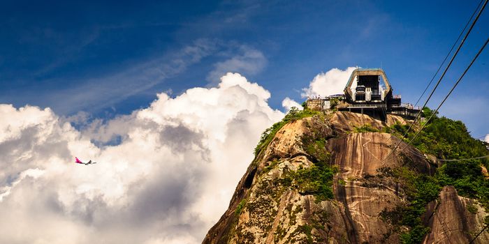 Overhead cable car station on the top of Sugarloaf Mountain, Guanabara Bay, Rio De Janeiro, Brazil