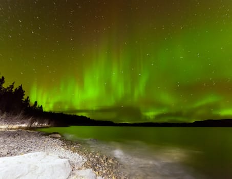 Night sky with Aurora borealis, Northern Lights, or Polar Lights over illuminated shore of Lake Laberge, Yukon Territory, Canada