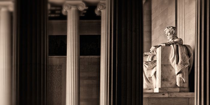 The Lincoln Memorial stands at the west end of the National Mall as a neoclassical monument to the 16th President.