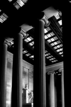 The interior of the Lincoln Memorial in Washington D.C., USA in black and white.