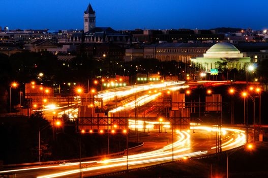 Traffic on a highway at night with a memorial in the background, Jefferson Memorial, Tidal Basin, Washington DC, USA