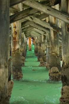Underneath or underside of old wooden pier in ocean.